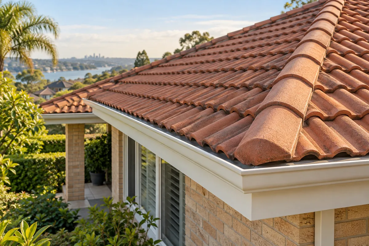 Close view of terracotta roof tiles and ridge details
